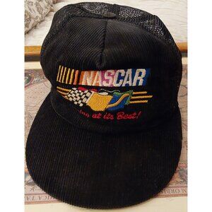 Vintage NASCAR Black Trucker Hat Corduroy Embroidered "Racing At Its Best"